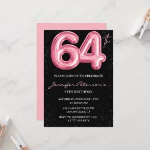Black Pink 64th birthday invitations Balloon Glam 