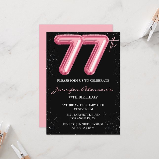 Black Pink 77th birthday invitations Balloon Glam  (Front/Back In Situ)