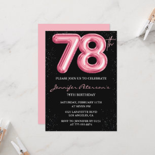 Black Pink 78th birthday invitations Balloon Glam 