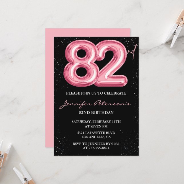 Black Pink 82nd birthday invitations Balloon Glam  (Front/Back In Situ)