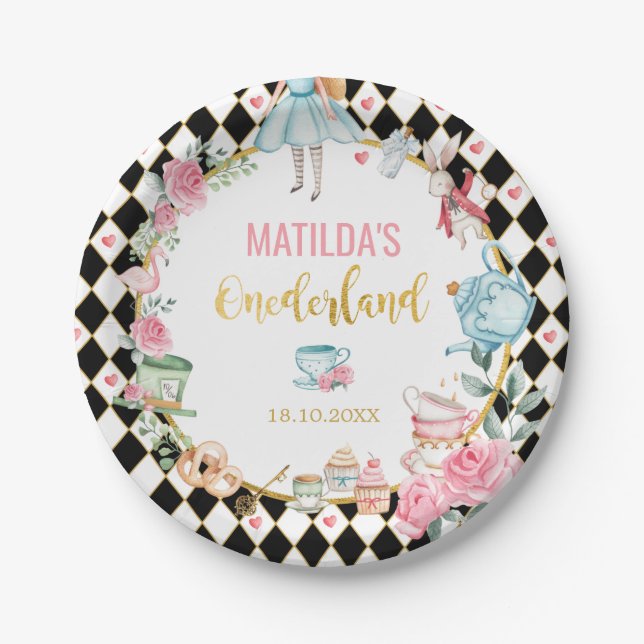 Black Pink Alice in Wonderland 1st Birthday Favour Paper Plate (Front)