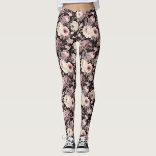 Black pink and beige floral Leggings