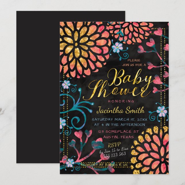 Black Pink and Gold Baby Shower Colourful Floral Invitation (Front/Back)