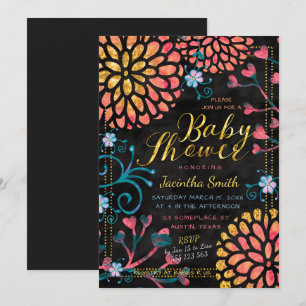 Black Pink and Gold Baby Shower Colourful Floral Invitation