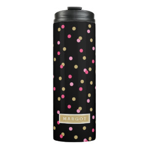 Black Pink and Gold Confetti Dots Monogram Thermal Tumbler
