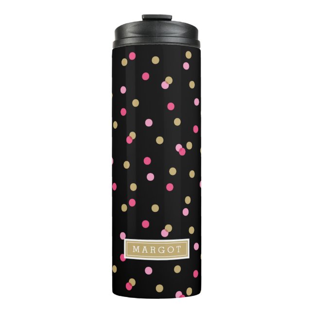 Black Pink and Gold Confetti Dots Monogram Thermal Tumbler (Front)