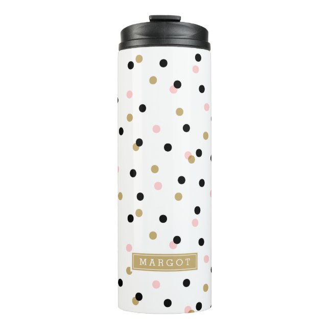 Black Pink and Gold Confetti Dots Monogram Thermal Tumbler (Front)