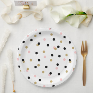 Black Pink and Gold Confetti Dots Paper Plate