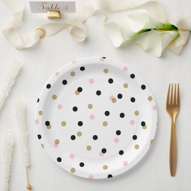 Black Pink and Gold Confetti Dots Paper Plate (Wedding)