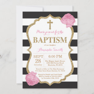 Black Pink and Gold Glitter Baptism Invitation
