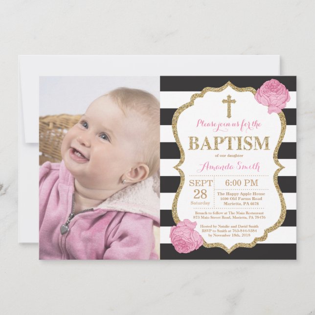 Black Pink and Gold Glitter Baptism Invitation (Front)