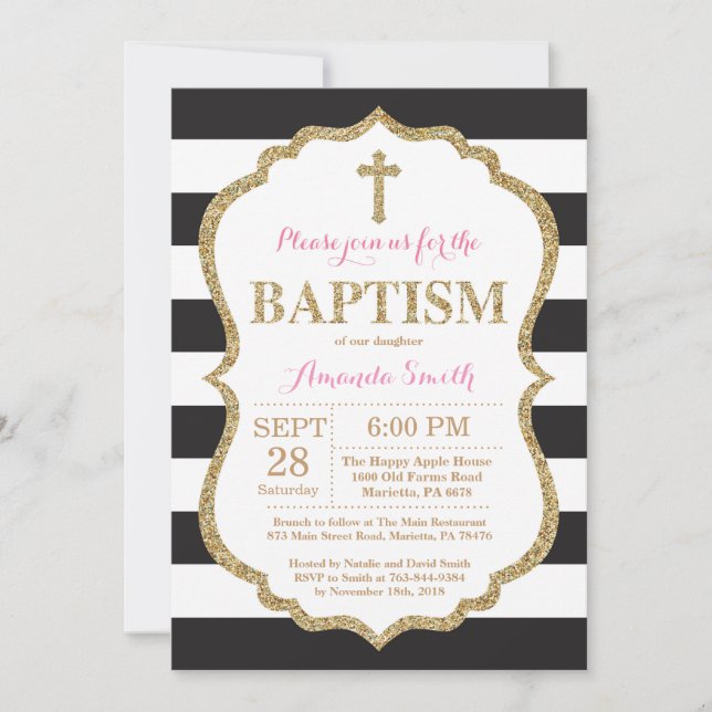 Black Pink and Gold Glitter Baptism Invitation (Front)