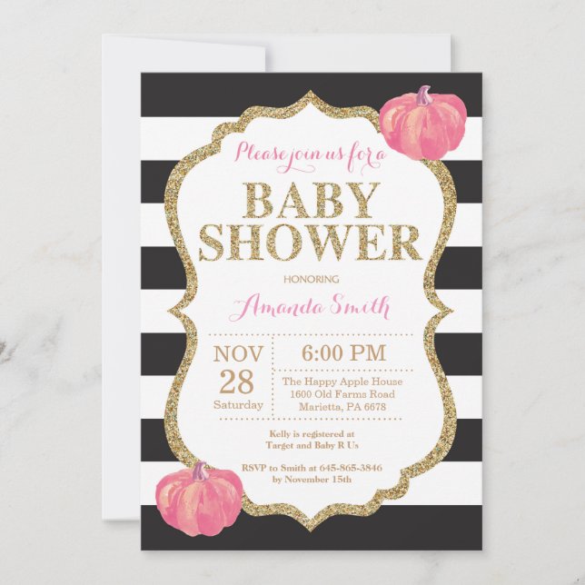 Black Pink and Gold Pumpkin Baby Shower Invitation (Front)