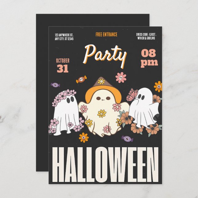 Black, Pink, and Orange Trendy Halloween Party Invitation (Front/Back)