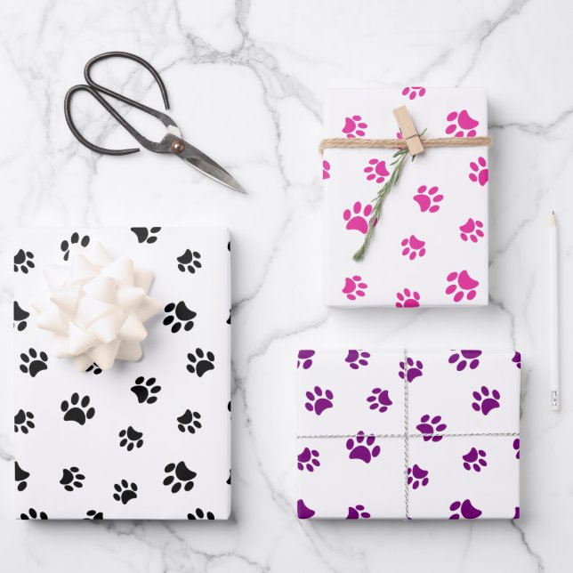 Black Pink and Purple Paw Prints Pattern Wrapping Paper Sheet (Front)