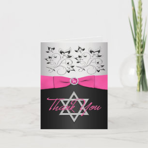 Black, Pink, and Silver Bat Mitzvah Thank You Card
