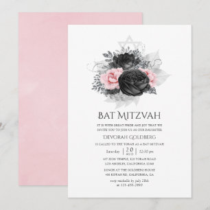 Black Pink and Silver Vintage Roses Bat Mitzvah Invitation