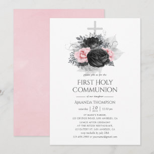 Black Pink and Silver Vintage Roses Holy Communion Invitation