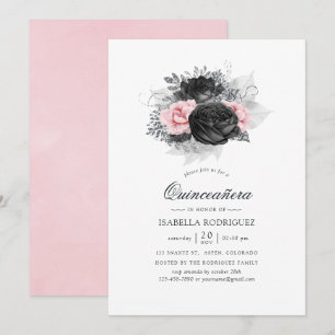 Black Pink and Silver Vintage Roses Quinceañera Invitation
