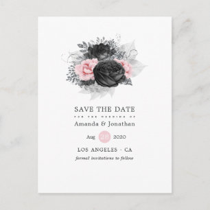 Black Pink and Silver Vintage Roses Save the Date Announcement Postcard