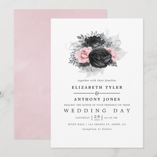 Black Pink and Silver Vintage Roses Wedding Invitation (Front/Back)