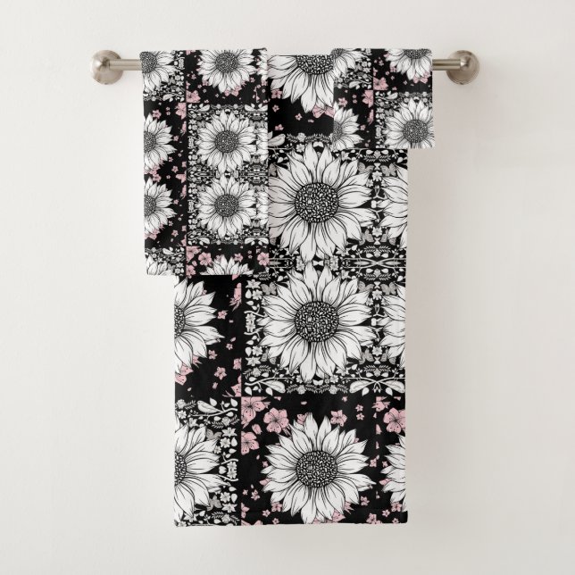 Black, Pink and White Flowers Patchwork Pattern Bath Towel Set (Insitu)