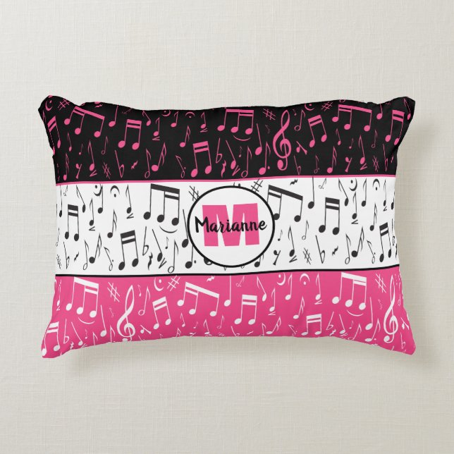Black pink and white music notes accent pillow (Front)