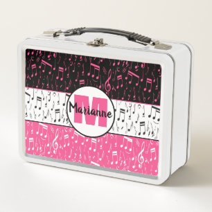 Black pink and white music notes ceramic knob metal lunch box