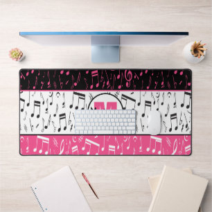 Black pink and white music notes desk mat