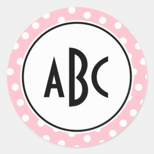 Black Pink and White Polka Dots Monogram Classic Round Sticker