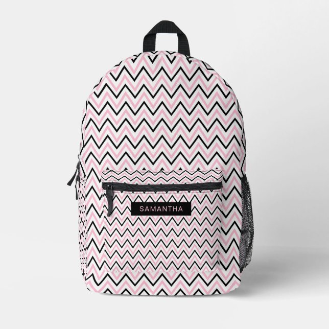 Black, Pink and White Wavy Lines Pattern Printed Backpack (Front)
