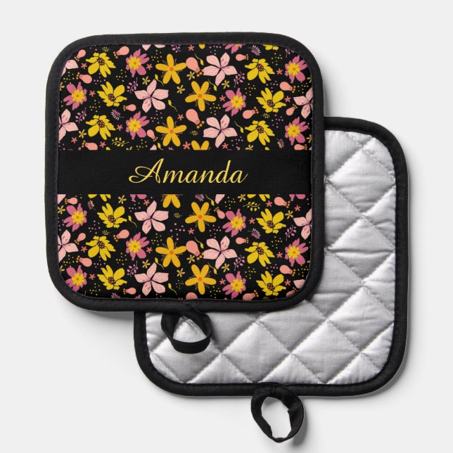 Black Pink And Yellow Flower | Custom name Pot Holder (Front/Back)
