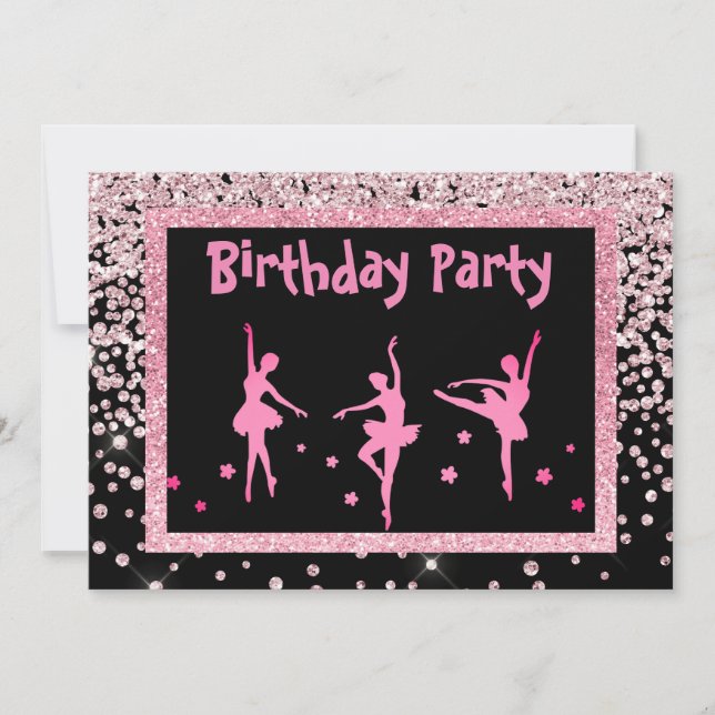Black Pink Ballerina Sparkle Childrens Birthday Invitation (Front)