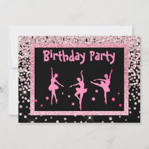 Black Pink Ballerina Sparkle Childrens Birthday Invitation