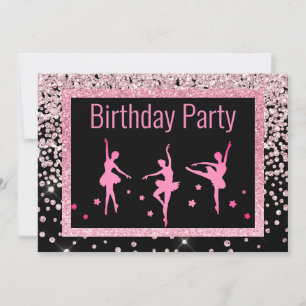 Black Pink Ballerina Sparkle Childrens Birthday Invitation