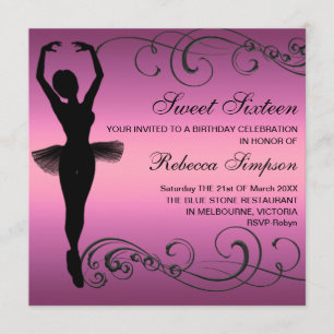 Black & Pink Ballerina & Swirl Birthday Invitation