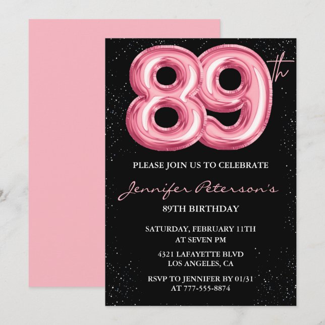 Black Pink Balloon Glam 89th birthday Invitation (Front/Back)