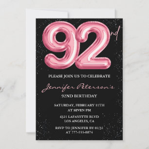 Black Pink Balloon Glam 92nd birthday Invitation