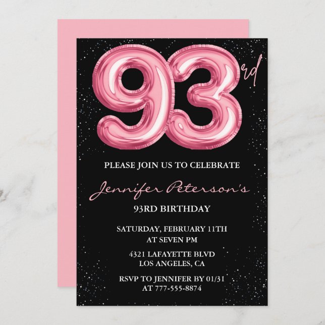 Black Pink Balloon Glam 93rd birthday Invitation (Front/Back)