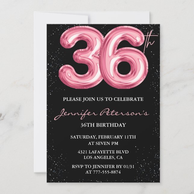 Black Pink Balloon Glam Glitter 36th birthday Invitation (Front)