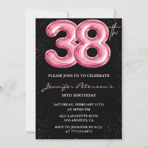 Black Pink Balloon Glam Glitter 38th birthday Invitation