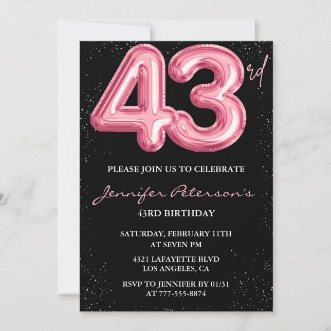 Black Pink Balloon Glam Glitter 43rd birthday Invitation (Front)