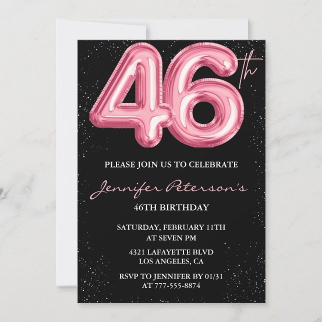 Black Pink Balloon Glam Glitter 46th birthday Invitation (Front)