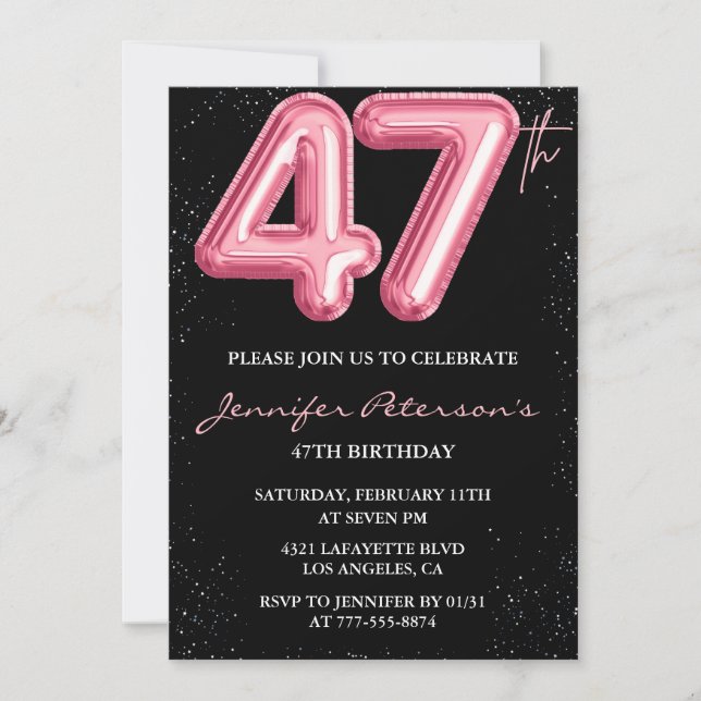 Black Pink Balloon Glam Glitter 47th birthday Invitation (Front)