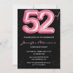 Black Pink Balloon Glam Glitter 52nd birthday Invitation