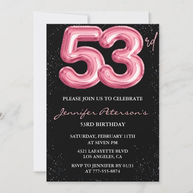 Black Pink Balloon Glam Glitter 53rd birthday Invitation (Front)
