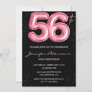 Black Pink Balloon Glam Glitter 56th birthday Invitation