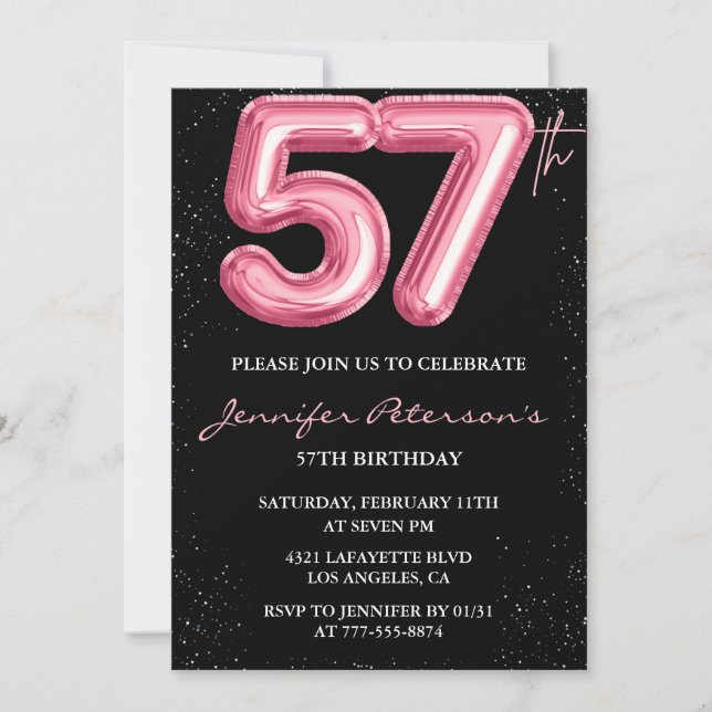 Black Pink Balloon Glam Glitter 57th birthday Invitation (Front)