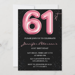 Black Pink Balloon Glam Glitter 61st birthday Invitation