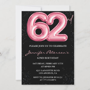 Black Pink Balloon Glam Glitter 62nd birthday Invitation